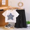 Girls' 2026 Summer Denim Star Two-Piece Set: Short Sleeve Top & Loose Long Pants