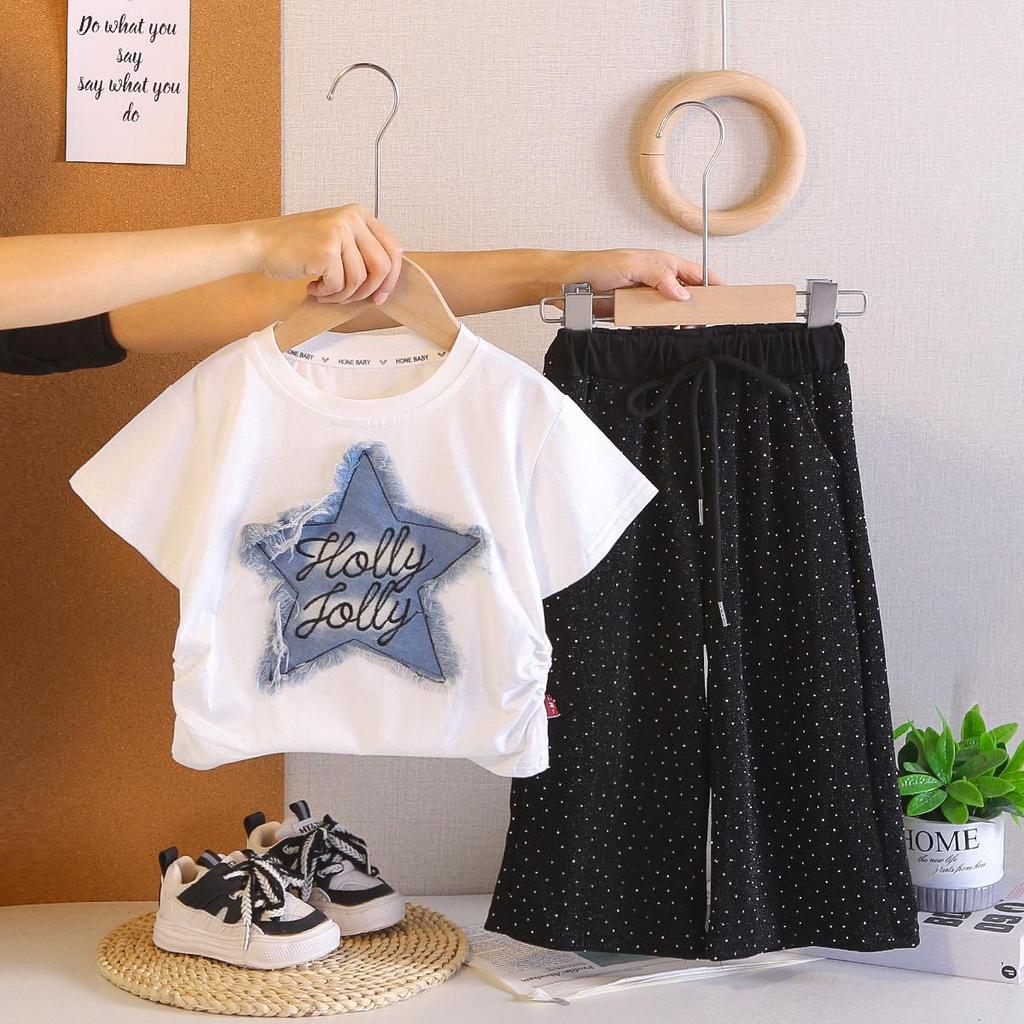 Girls' 2026 Summer Denim Star Two-Piece Set: Short Sleeve Top & Loose Long Pants