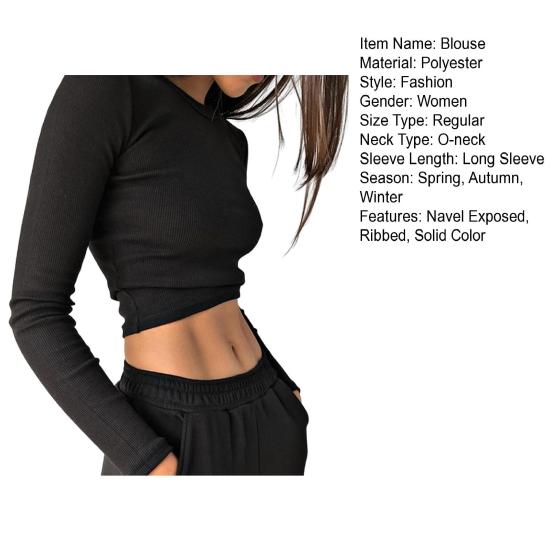 O-Ausschnitt, lange Ärmel, dünnes Strick-T-Shirt für Damen, sexy gerippter Nabel freigelegt