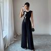 Damen Blumenstickerei Ärmellos Rundhalsausschnitt Weiter Bein Jumpsuit Elegant Formell Strampler