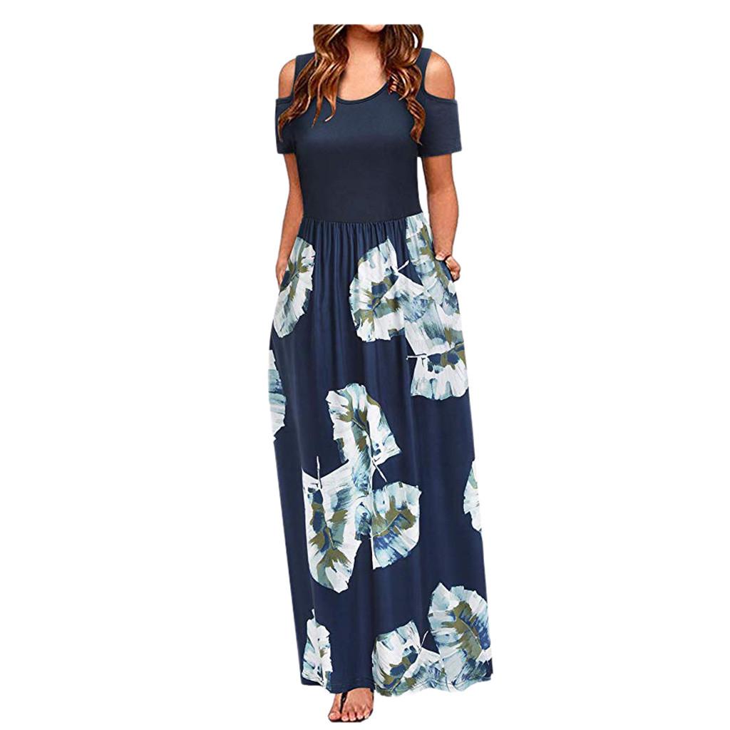 Women Summer Cold Shoulder Floral Print Elegant Maxi Long Dress Pocket Dress