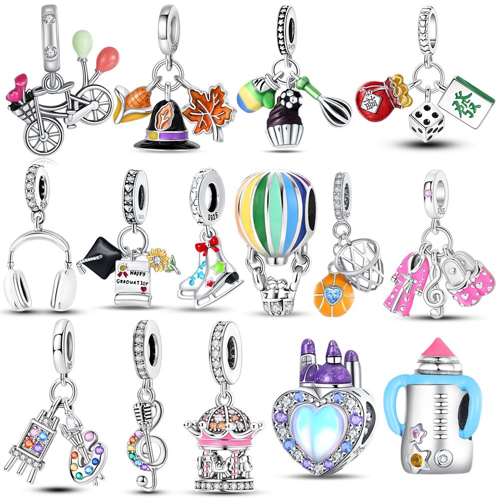 Charms 925 Silver Colorful Board Autumn Maple Leaf Heart Castle Beads Fit Bracelet Women Jewelry Diy Gift Accessories