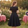 Women's Color Square Neck Short Sleeve Cinched Waist Full Skirt Vintage Dress