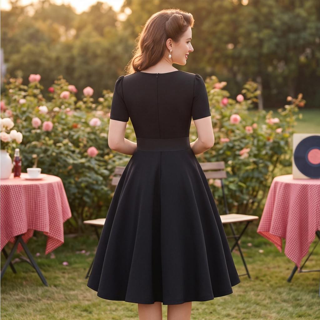 Women's Color Square Neck Short Sleeve Cinched Waist Full Skirt Vintage Dress