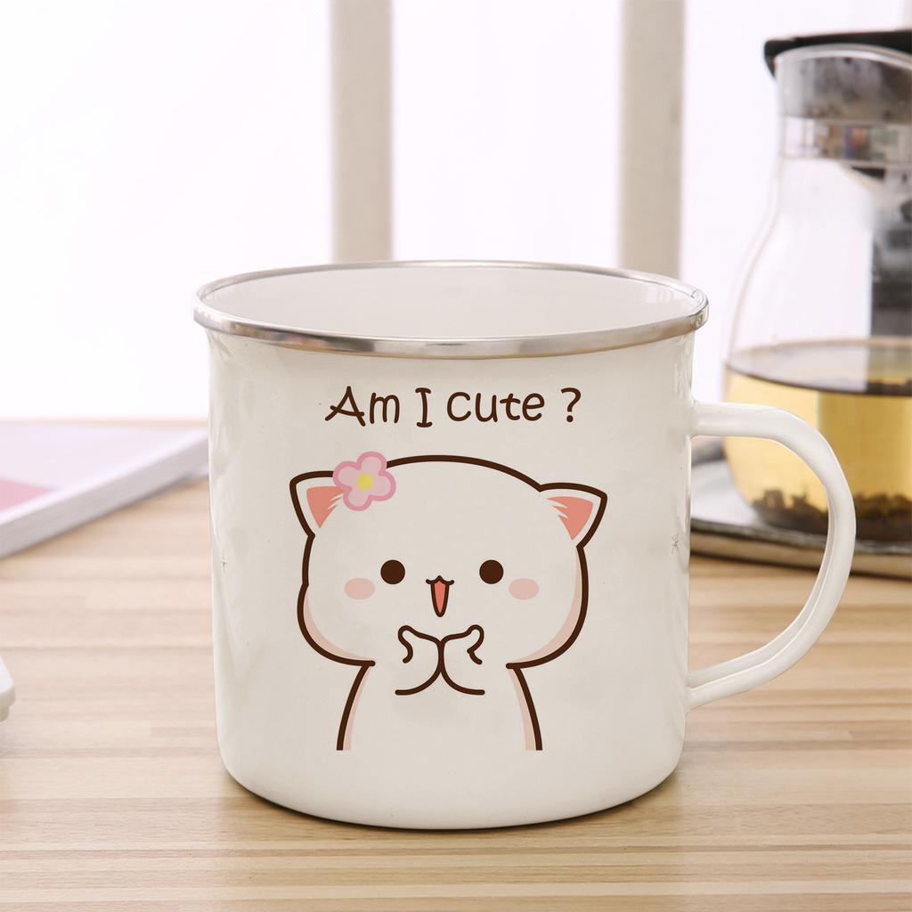 Peach and Goma Cat Enamel Coffee Tea Cup Cute Animal Breakfast Dessert Milk Water Cup Couple Gift