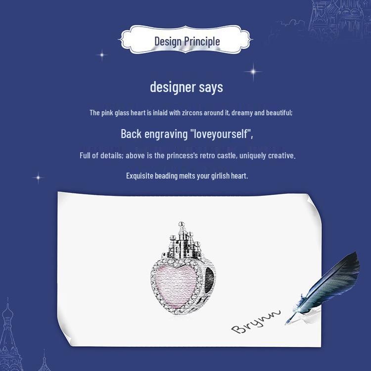 Rosa Kärleksslott DIY Retro 925 Silver Pärlbesatta Tillbehör SCC2207