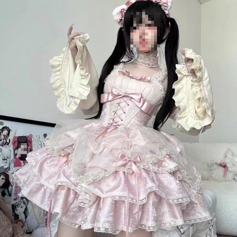 Women's Spaghetti Strap Sleeveless Mini Dress Slim Fit Mid Waist Sweet Lolita Lace Ruffle Bow Party Dress