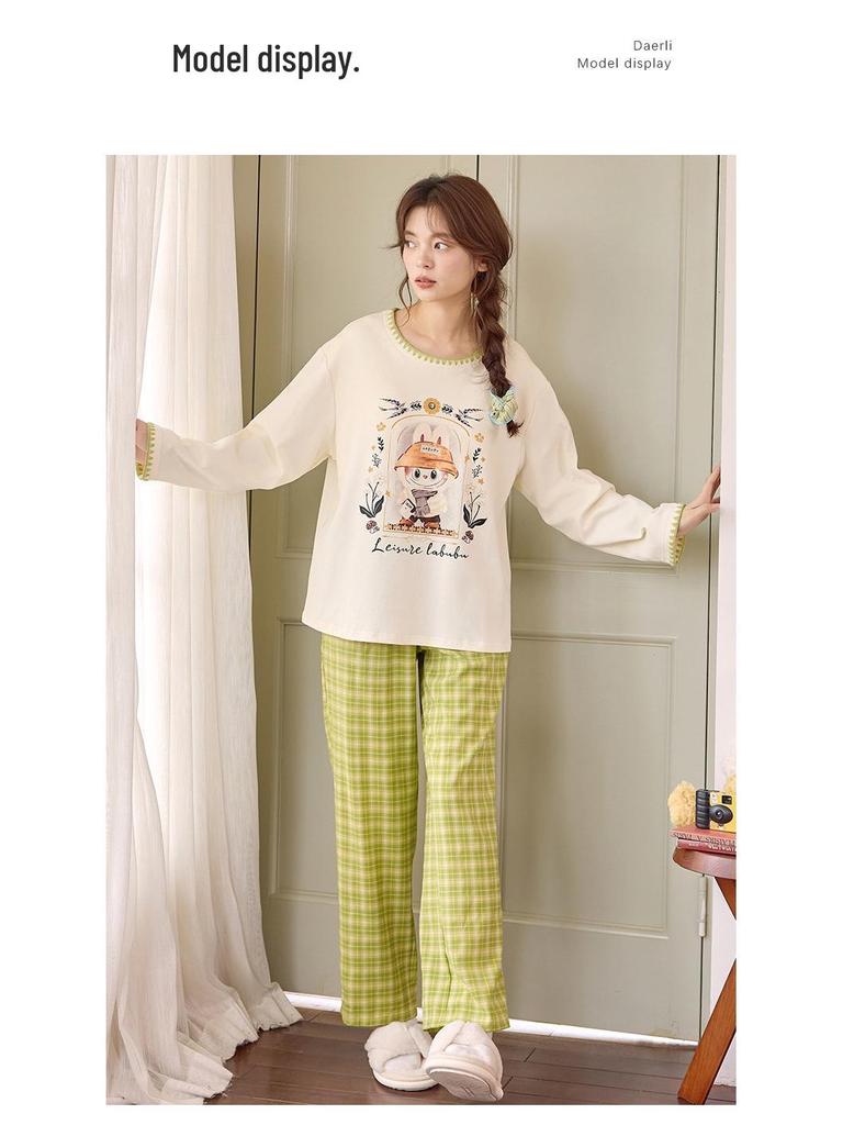 Piżama damska z długim rękawem i nadrukiem w kreskówkowe wzory, z wkładką na klatkę piersiową – uroczy komplet z okrągłym dekoltem do noszenia w domu lub na okrycia wierzchnie wiosną, jesienią i zimą