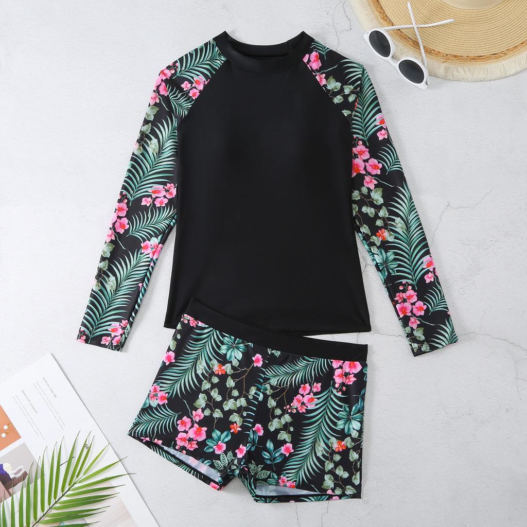 HNYHWKR long-sleeved swimsuit set women's print split conservative sunscreen and UV protection quick-drying surf suit