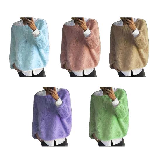 Women Sweater Round Neck Long Sleeve Loose Fit Knitting Tops Breathable Loose Hem Solid Color Knitwear