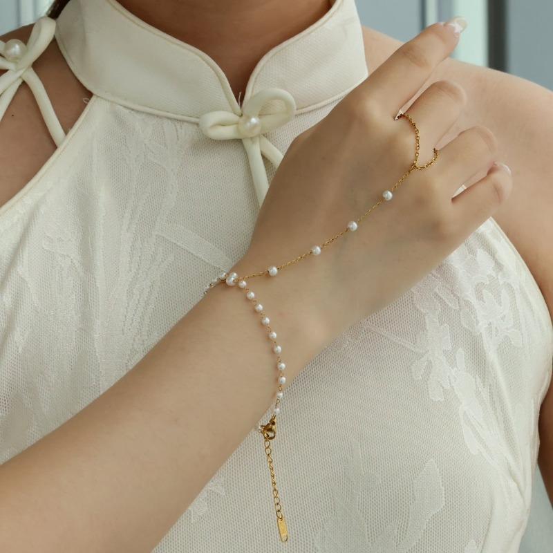 Style Fashion Gold Bracelet Finger Chain Integrated Pearl Stainless Steel Jewelry Women