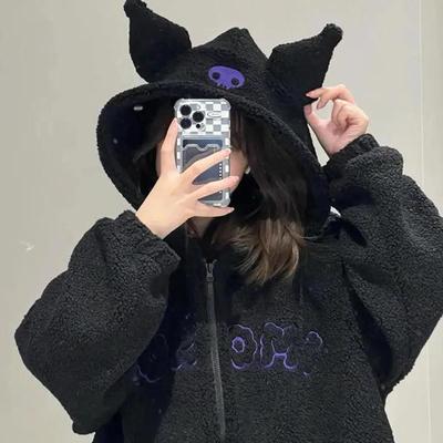 Embroidered Black Hooded Sweatshirt Imitating Lamb Wool Autumn And Winter Girls' Thick Loose Jacket