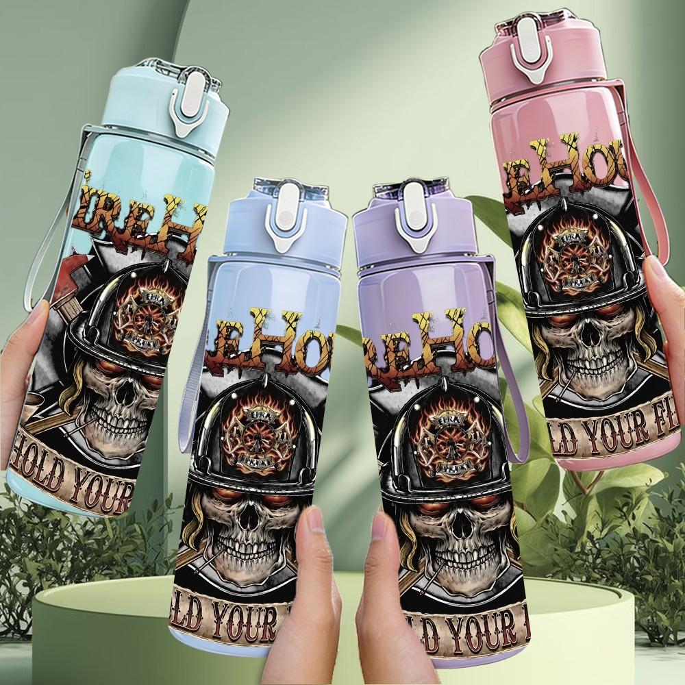 1PC Biker Skull Flame Print 750ml sports water bottle leakproof straw lid outdoor office home
