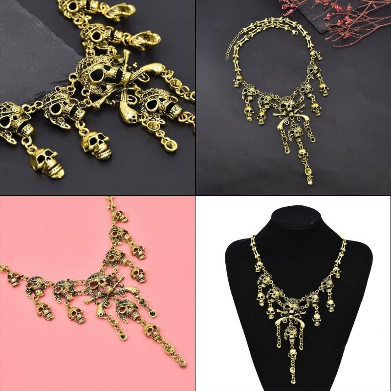 Halloween Pirate Skull Necklace Unisex Personality Skeleton Pendant Bones Chain Alloy Choker Women Jewelry Accessories