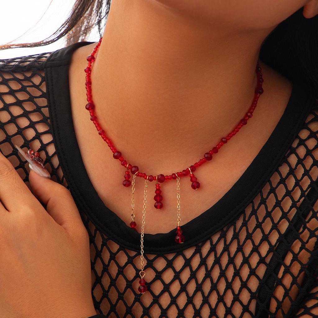 Halloween Blood Dripping Crystal Fringed Necklace, Gothic Red Beaded Collarbone Neck Chain Woman