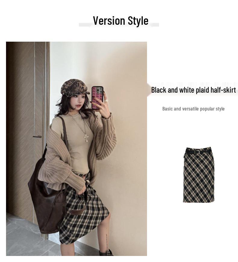 Korean Retro Wool Tweed Plaid Mid-Length Skirt for Women – Autumn/Winter Style
