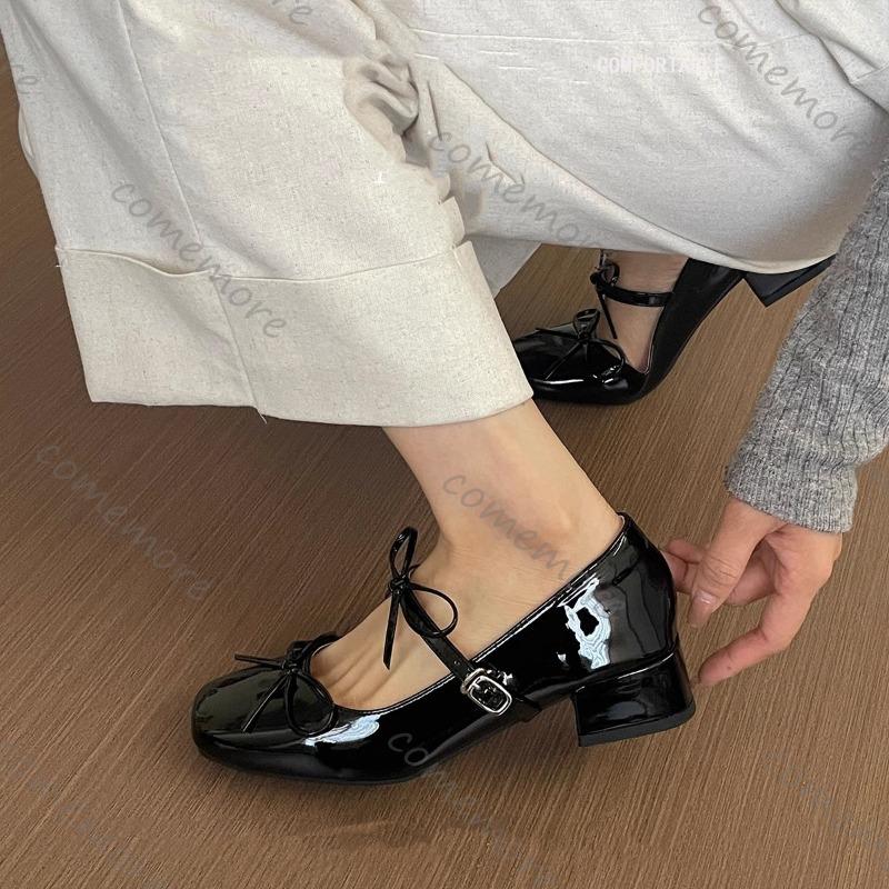 Comemore Retro Bowknot Decoration Red Mary Jane Shoes Women 2025 Spring Autumn Medium Heel Sandals Sweet Party Dress Pumps Shoes