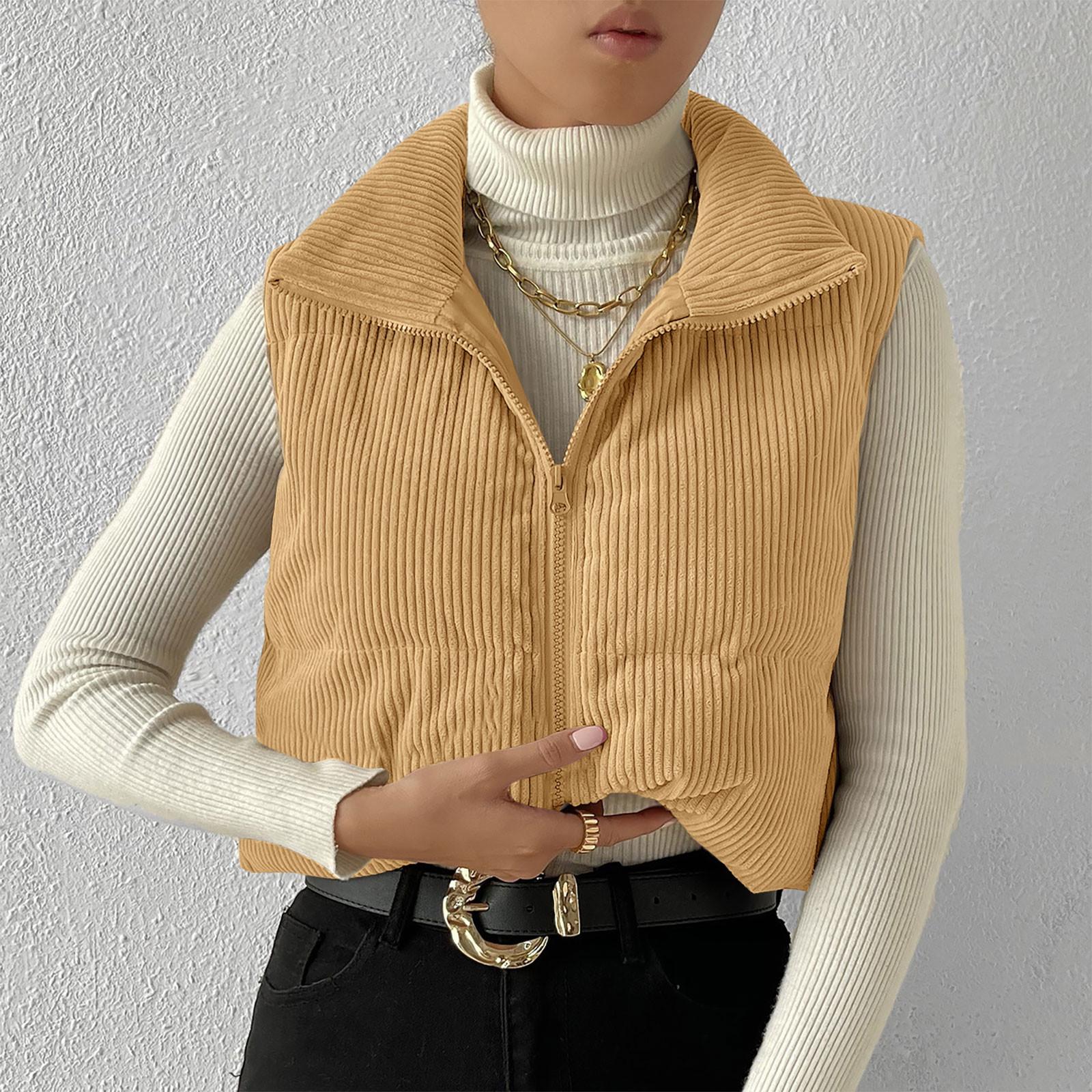 

Женский вельветовый жилет, укороченный жилет без рукавов с воротником-стойкой на молнии, зимние теплые уличные жилеты XL хаки