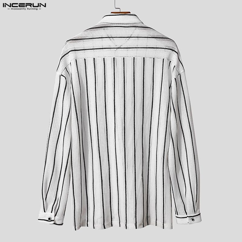 INCERUN Oversized Men Long Sleeve Lapel Striped Hollow Webbing Casual Loose Tops Shirts