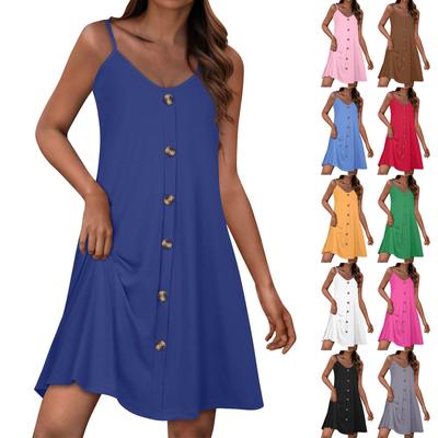 Sundress With Pockets Summer Boho Beach Dress T-Shirts Dress V Neck Buttons Loose Tank Dresses