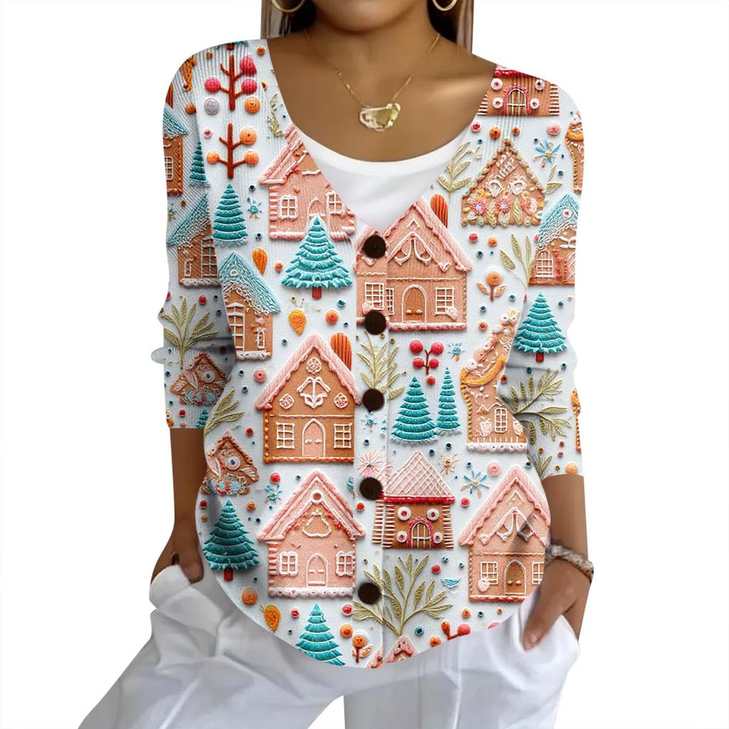 Women's Fashion Casual Knit Sweater Button-Up Christmas Print Cardigan Jacket