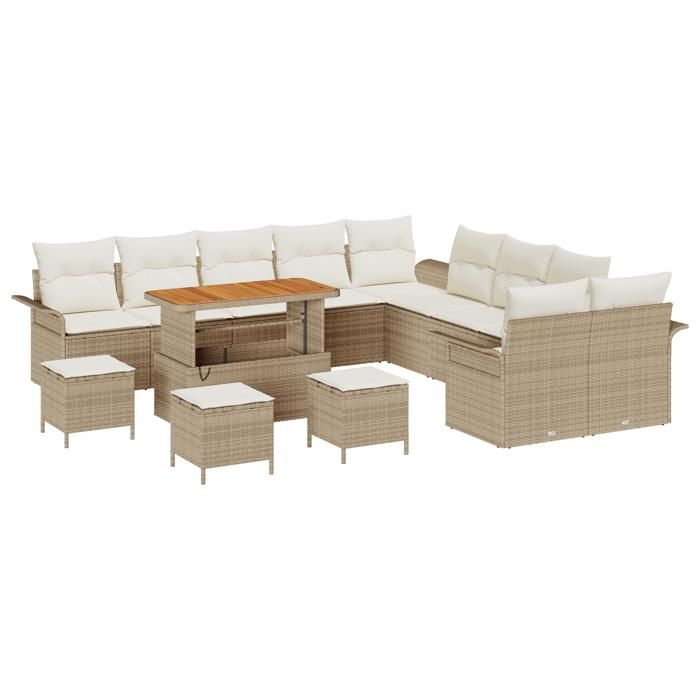 Canapés de Jardin 14 Pièces avec Coussins Beige Poly Rotin Acacia, Canapé de Jardin 2 Places avec Coussins Beige Poly Rotin, 3362201