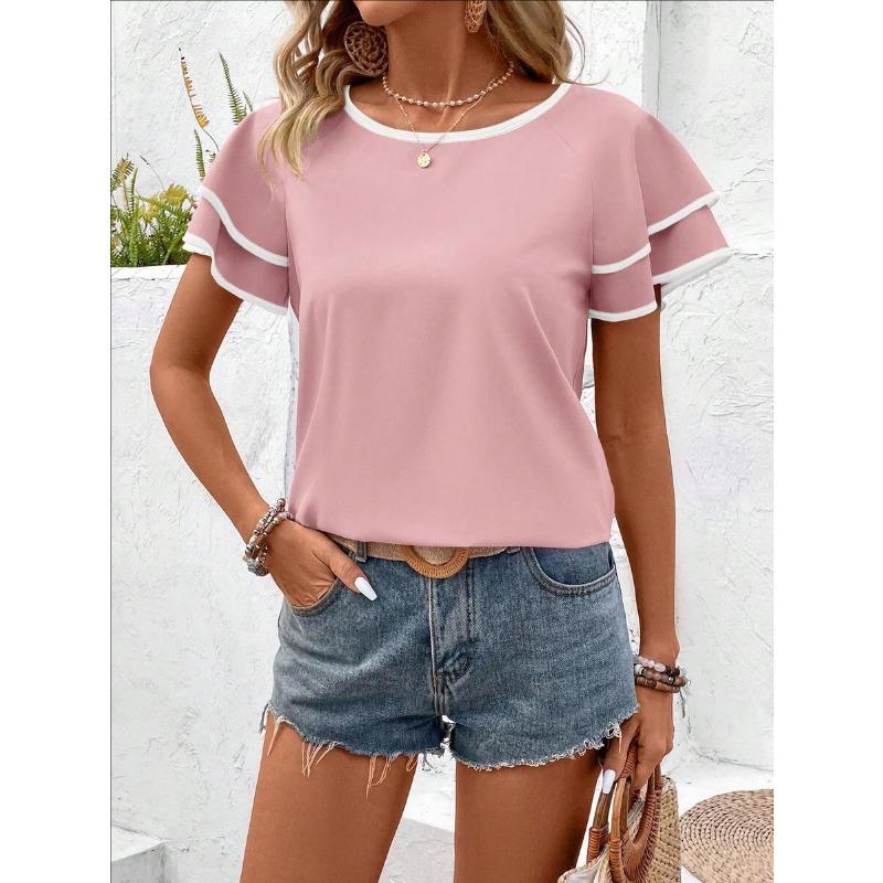 Women Elegant Ruffled Sleeve Color Block Loose Round Neck Short Sleeve Top