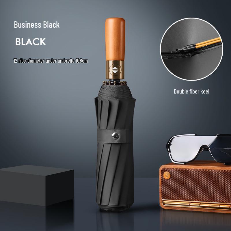 24-ribbigt automatiskt öppnande paraply med trähandtag i XL-storlek, vindtätt, svart solskyddsparaply för män och kvinnor, dubbelanvändning för soliga/regniga dagar
