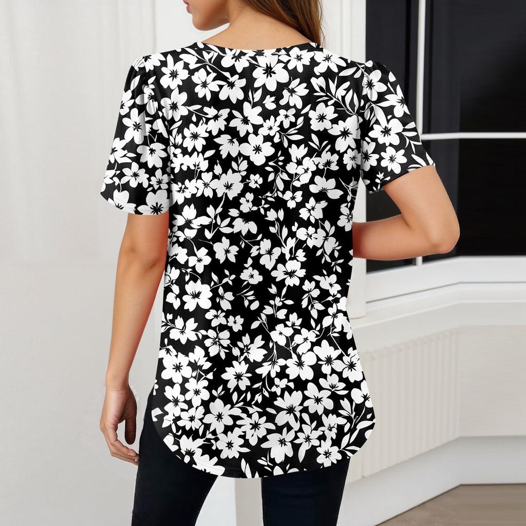 Women's Fashionable Casual Short Sleeve Print V-Neck Pullover Top