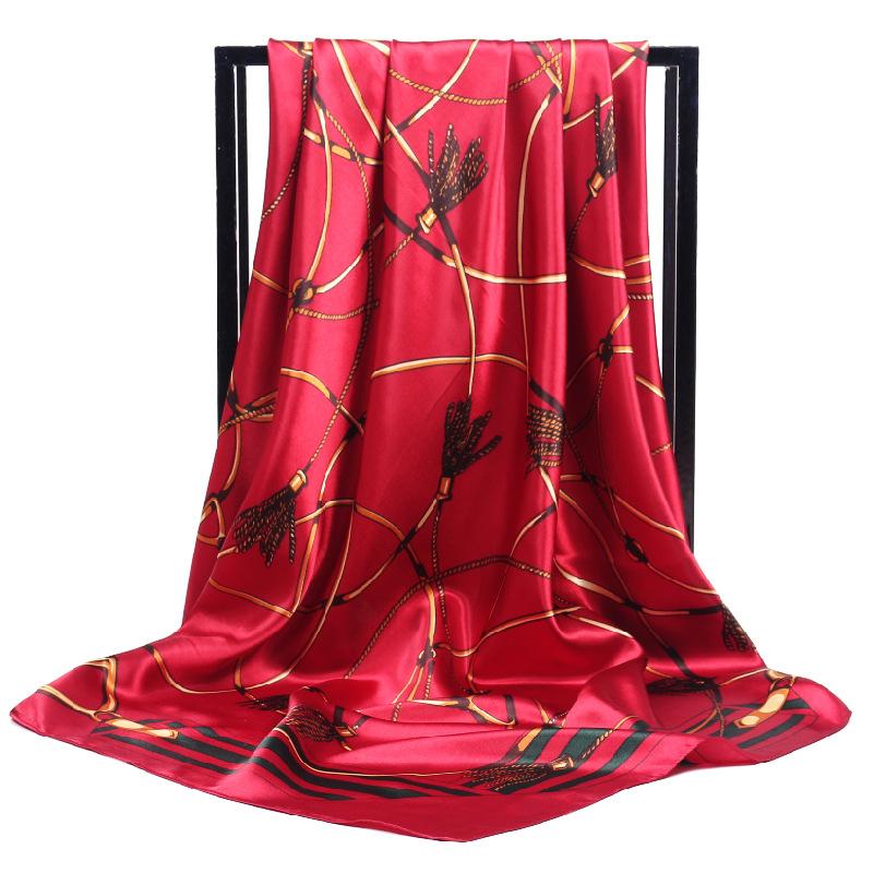 Luxury Women Silk Scarf Square Bandana Design Brand Headband Female Satin Hijab Large Shawl Wrap Lady Kerchief Chain Print New