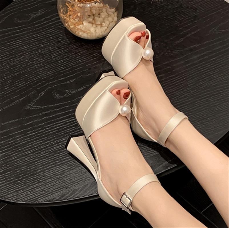 Eilyken Elegant String Bead Peep Toe Silk Platform Woman Sandals Ankle Buckle Strap Square Heel Party Pumps Shoes