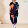 Women Plus Size V Neck Short Sleeve Scrub Set Black Base Red Gold Heart Glitter Print Nurse Uniform Set