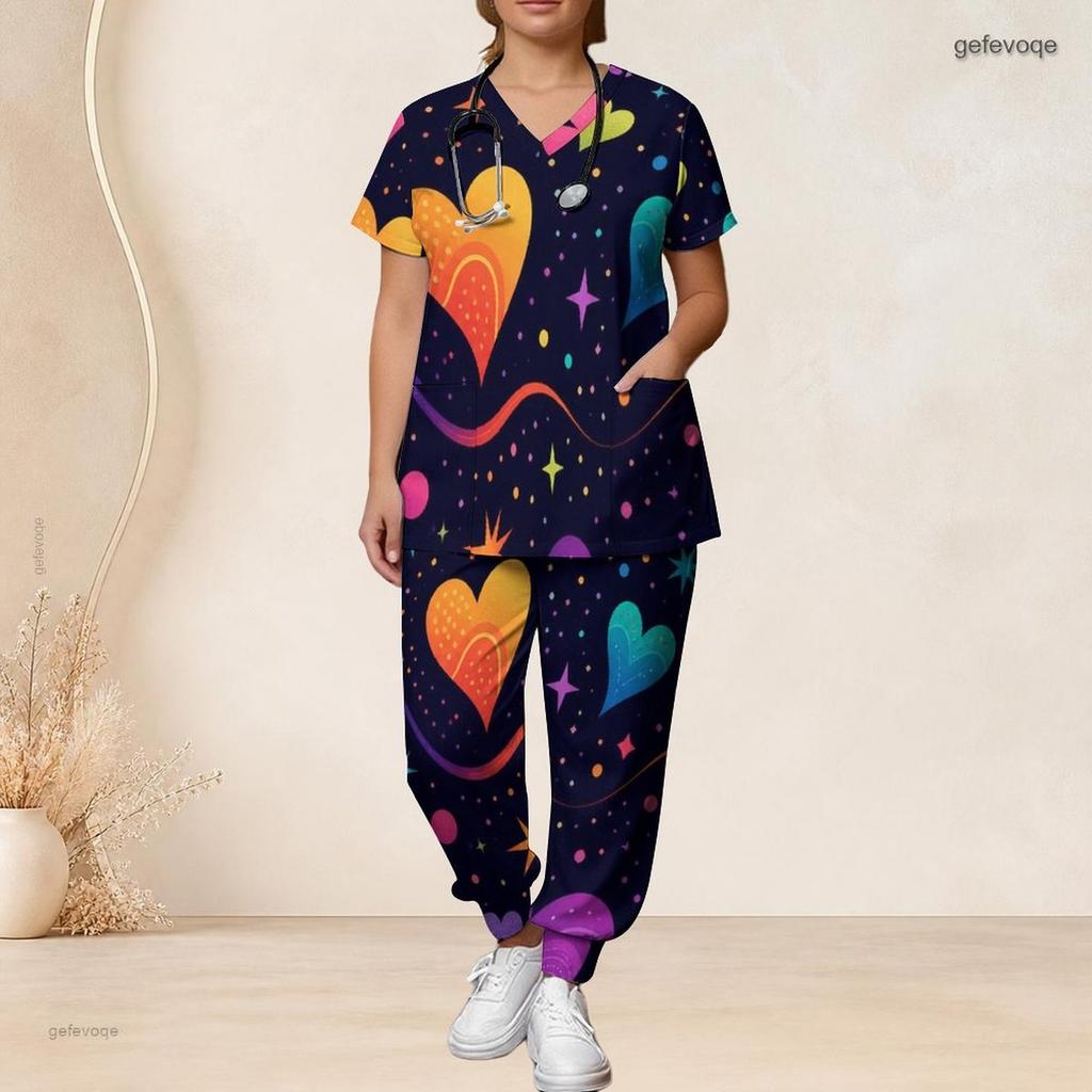 Women Plus Size V Neck Short Sleeve Scrub Set Black Base Red Gold Heart Glitter Print Nurse Uniform Set