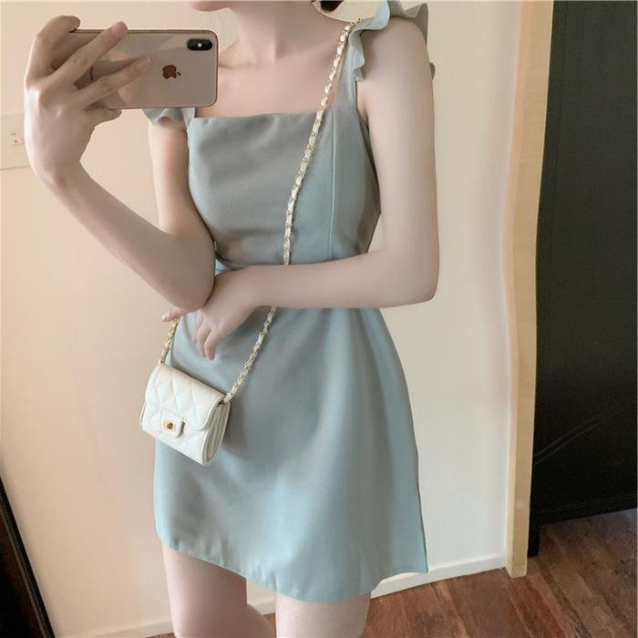 

Summer new fashion small fresh slim and thin sexy backless dress wooden ear edge suspender skirt S небесно-голубой