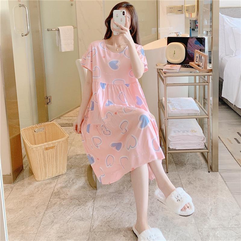 Cotton and Silk Nightgown Women's Summer Short-sleeved Large-size High-end Printed Maternity Pajamas Can Be Worn Outside Long Loungewear