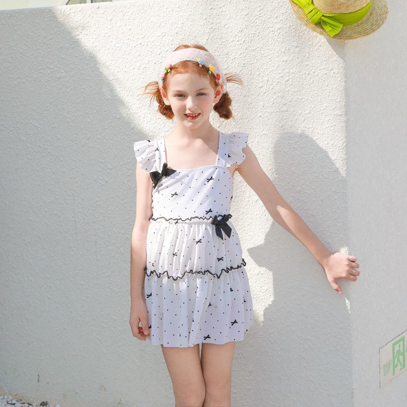Korean-Style Polka Dot Bow Backless Halterneck Swimsuit for Toddlers and Kids