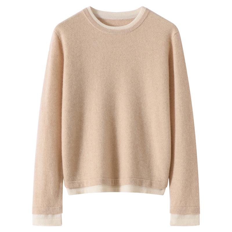 Lekasha Women's Color Block Cashmere Sweater - 100% Pure, Round Neck, Long Sleeve, Autumn/Winter, Fake Two-Piece Design.