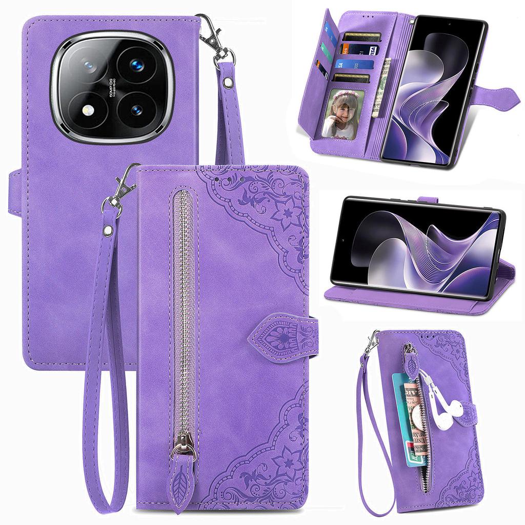 For Xiaomi Redmi Note 14 Pro+ 5G Zipper Wallet Case with Strap Flower Imprint PU Leather Phone Cover