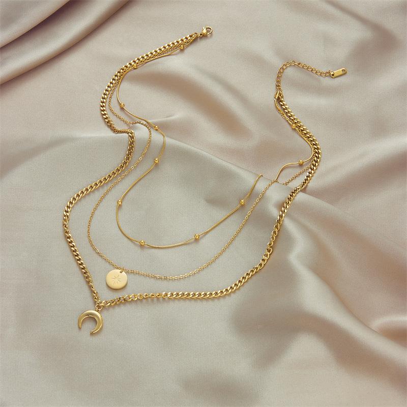 Gold Plated Stainless Steel 4-Layer Moon & Starburst Layered Necklace золотой