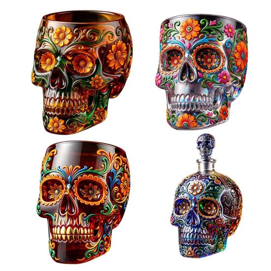 Decorative Glass for Home Bar Day of The Dead Wine Glass, with 3D Relief Painting, Hand-Painted Halloween Themed Gothic Skull Whiskey Cup, Parties And