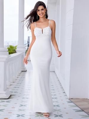 Ever-Pretty Women's Exquisite Spaghetti Straps High Stretch Bodycon Fishtail Satin Evening Gowns with Diamond-covered