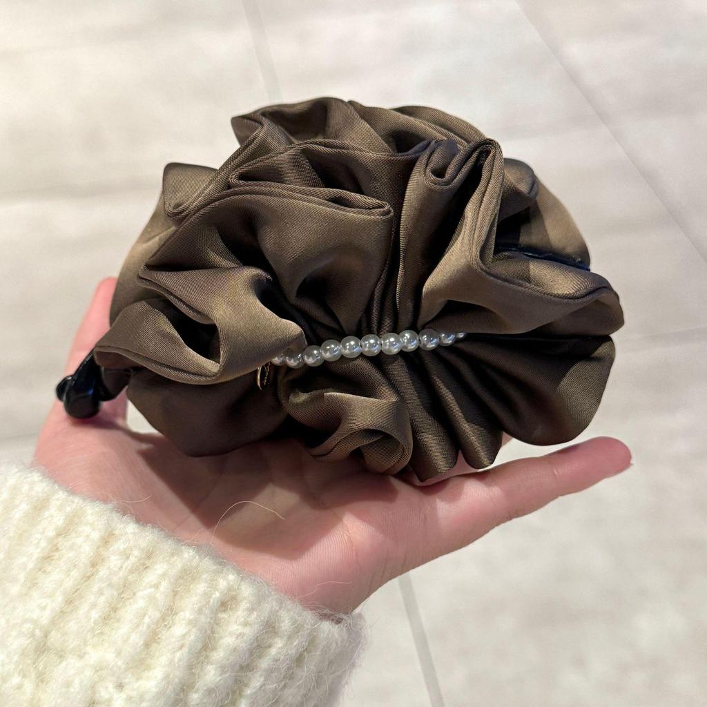 Korean Satin Pearl Pleated Banana Clip - Versatile Large Hair Claw for Elegant Hairstyles.
