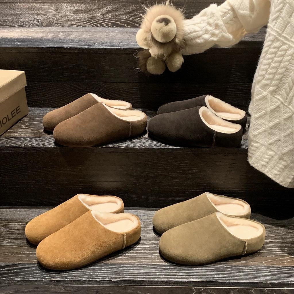 Cowhide Version of Minimalist Round Head Lazy Thick Bottom Hairy Half Drag Women Warm Casual Versatile One Pedal Bag Head Hairy Shoes