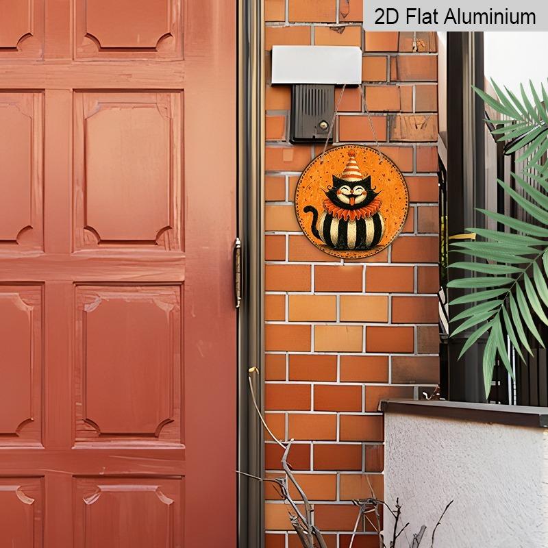 2D Flat 1pc/2pcs, Decorative Plaques and Ornaments Sign, Round Aluminum Vintage Halloween Clown Black Cat Hanging Sign, Smiling Tongue Out Cat Wall