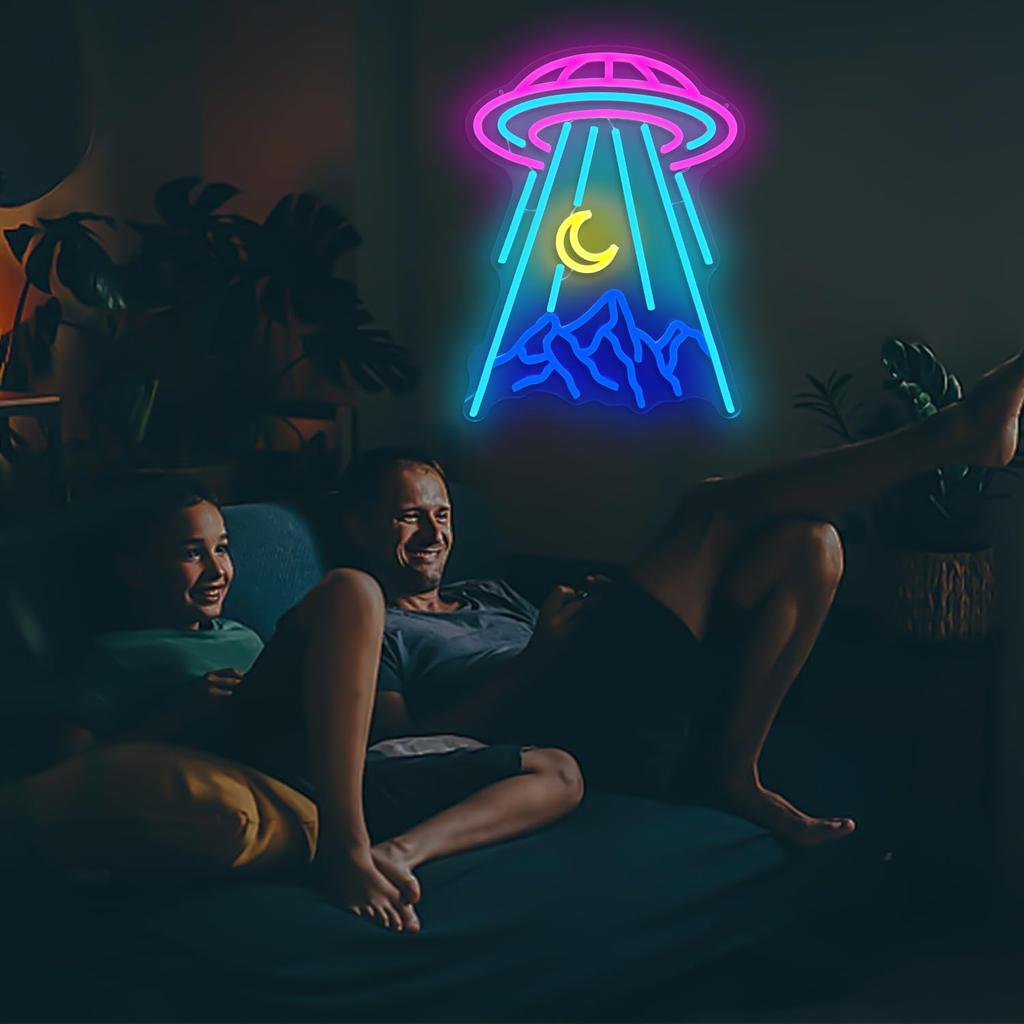 UFO Neon Sign for Wall Decor Alien Spaceship Mountain Neon Sign Dimmable Moon LED Neon Light Signs Light Up Sign for Bedroom Kids Space Game Room