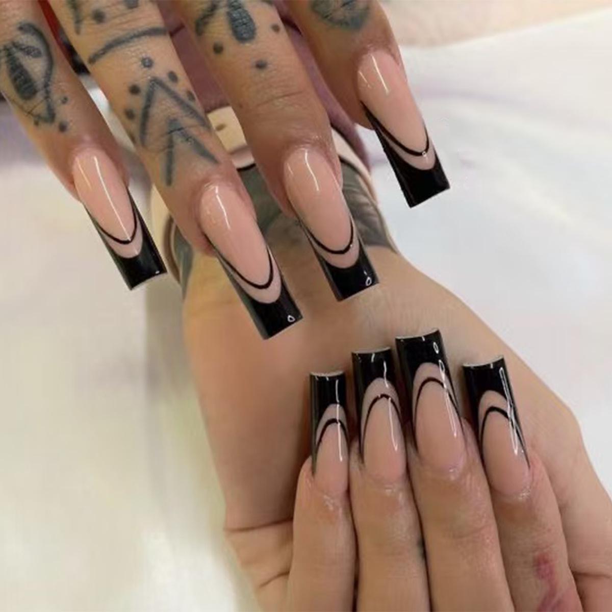 Chic Black French Water Pipe False Nails Set - 24 Pieces Spicy Girl Style Glue Style