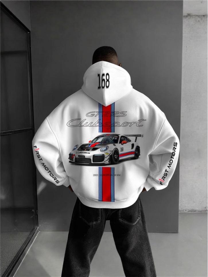 Evropsko-americká mikina s potiskem auta pro muže, ležérní, volný střih, dlouhý rukáv