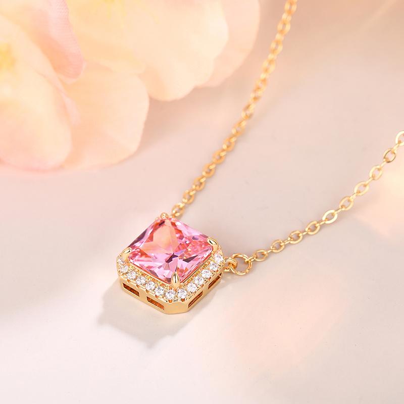 Huitan Square-shaped Pink Cubic Zirconia Pendent Necklace for Women Engagement Wedding Party Luxury Trendy New Necklace Jewelry