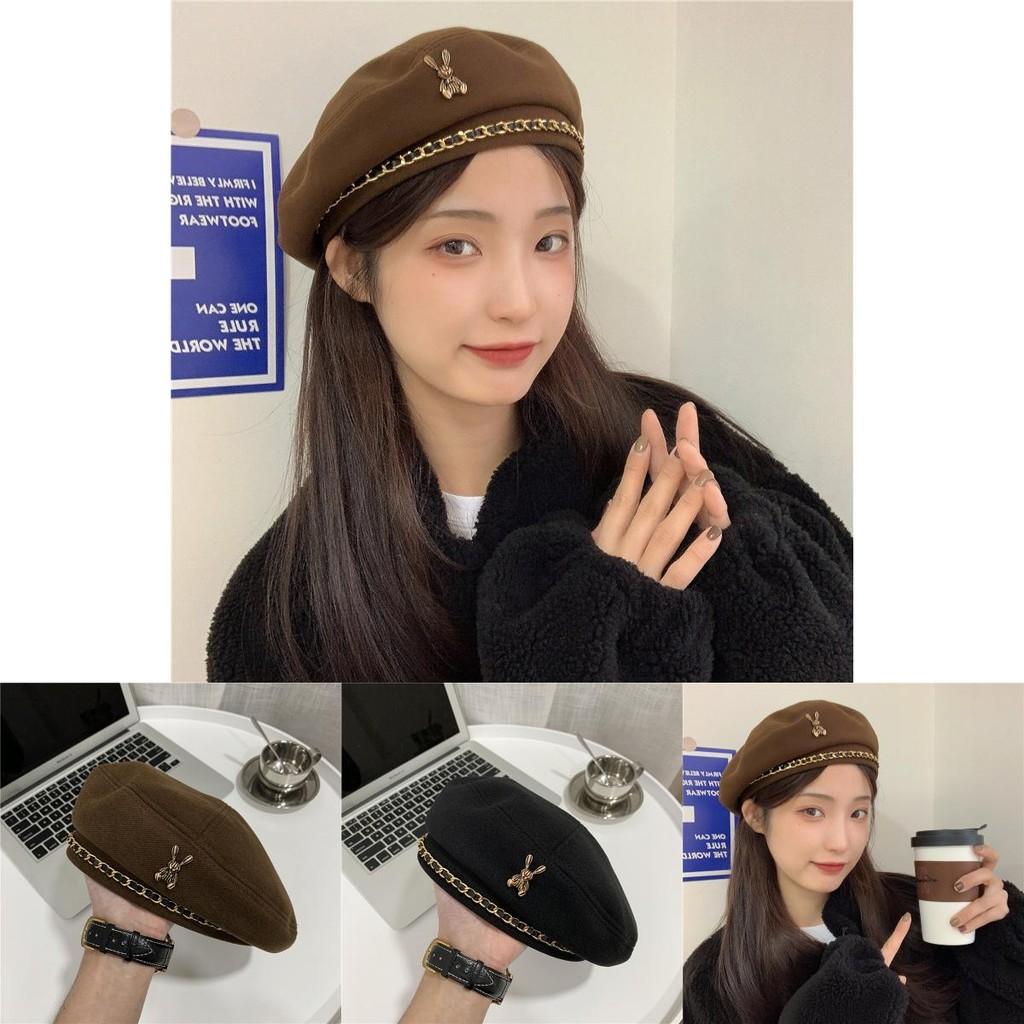 Retro Stylish Beret For Women Sweet Look With Embroidered Detail Chain
