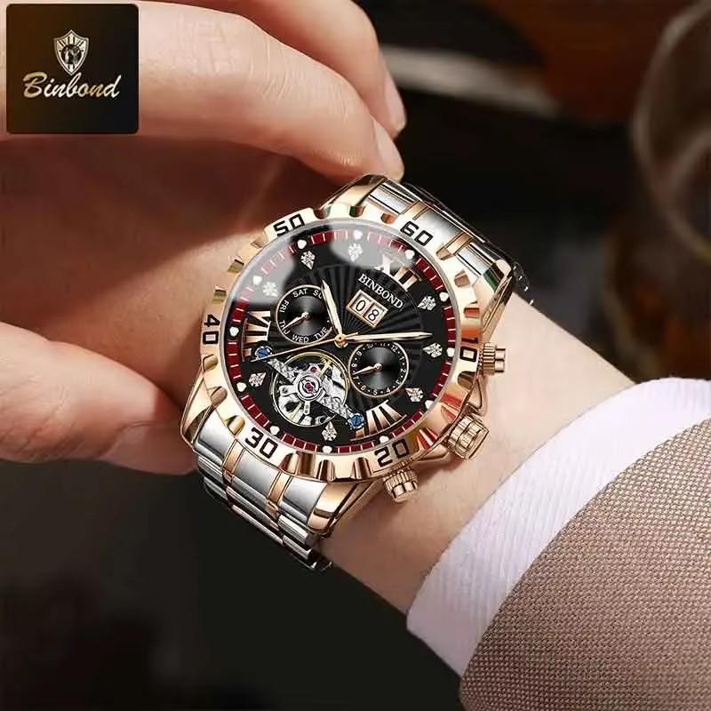BINBOND Fashion Tourbillon Automatic Watch Men Luxury Skeleton Mechanical Wristwatch Stainless Steel Wristwatches